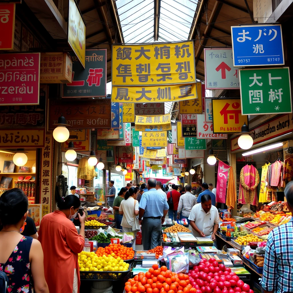 Photograph of a bustling marketplace in a foreign country, illustrating the diversity of languages and cultures