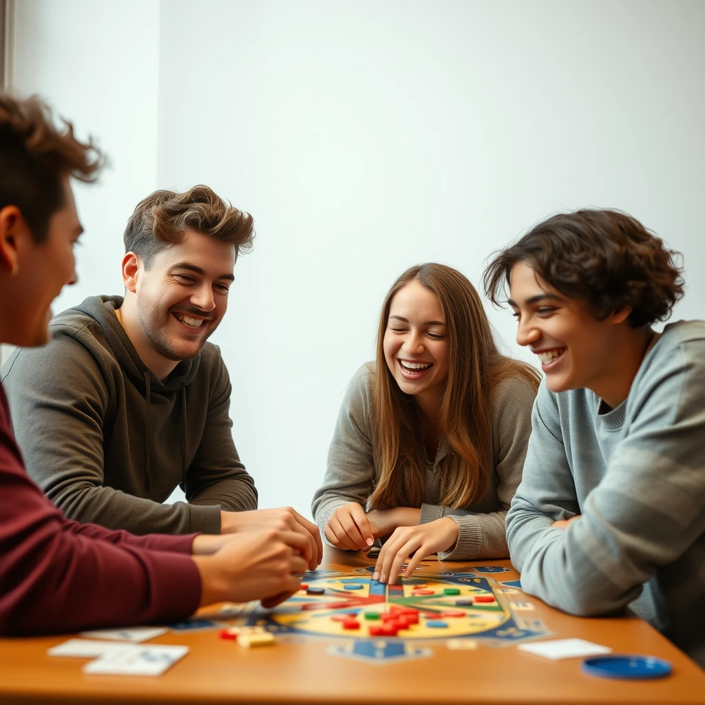 A photograph of a group of friends laughing and playing a board game together, capturing the essence of social deduction and community building