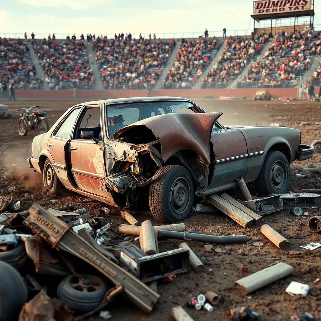 A heavily damaged car, still running, amidst the wreckage of a demolition derby arena, symbolizing the raw, destructive nature of the game