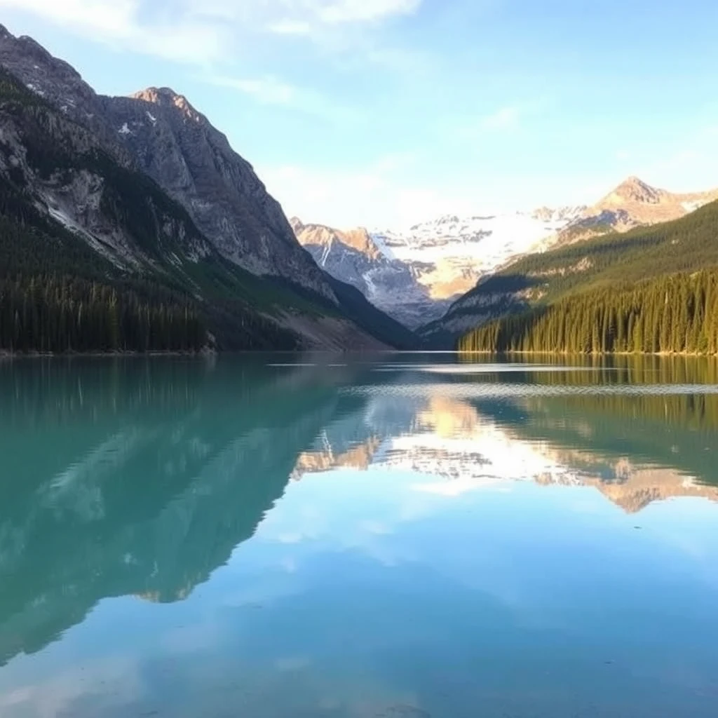 A photograph of a serene lake reflecting the surrounding mountains and forests on a calm day