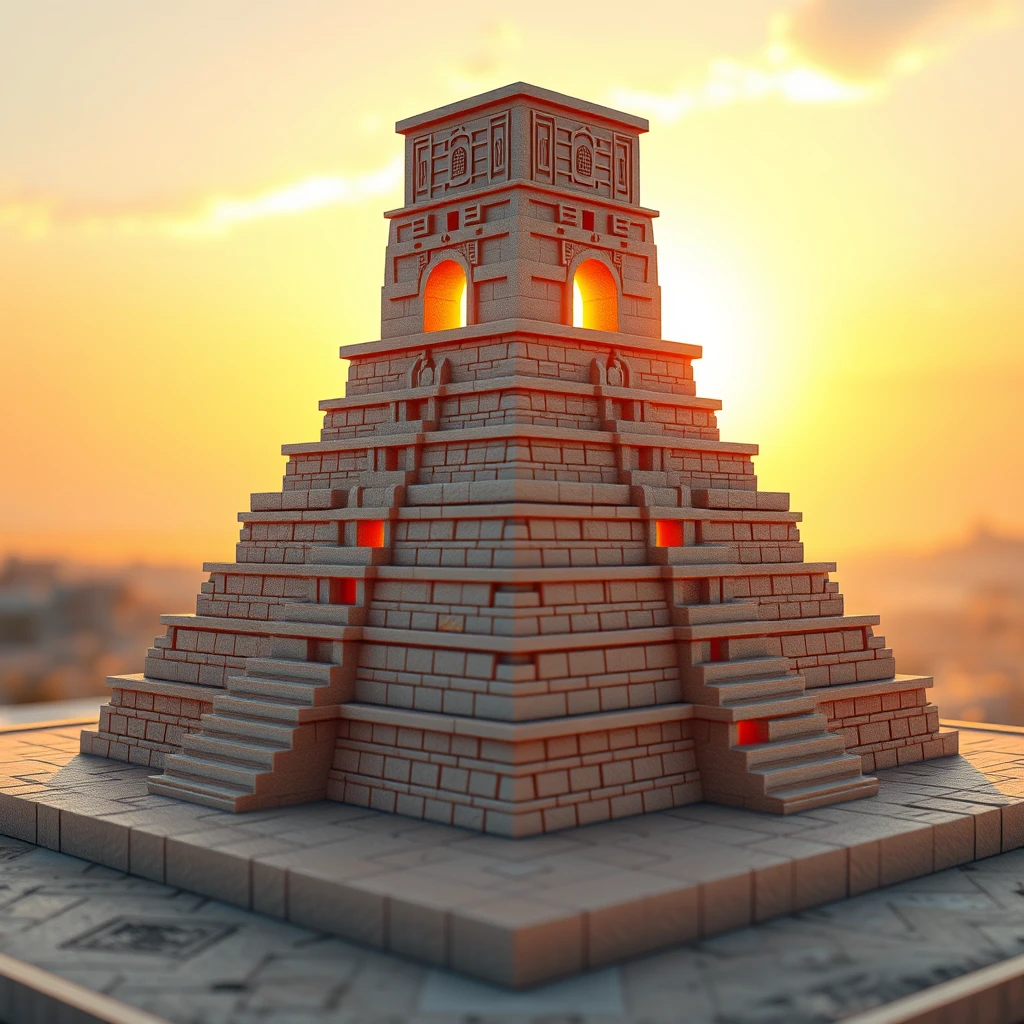 A meticulously crafted 3D model of a Ziggurat bathed in the warm light of a setting sun