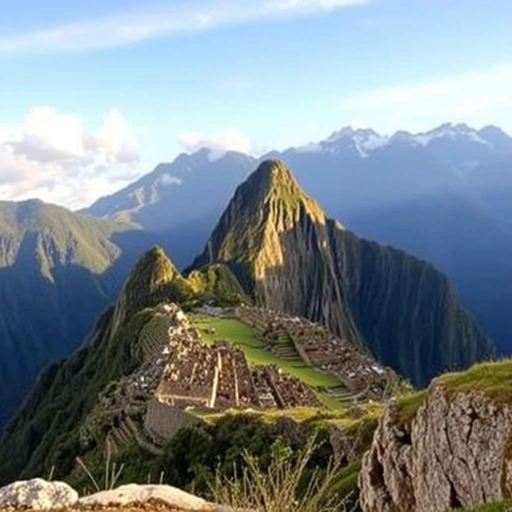 An expansive view of Machu Picchu perched high in the Andes mountains