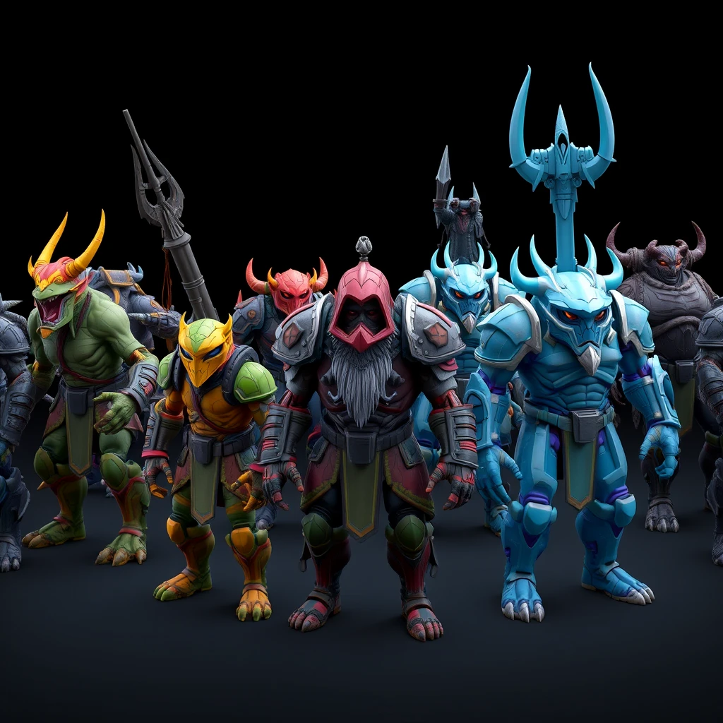 A group of diverse, procedurally generated unit models standing ready for battle, showcasing visual variations. [END]