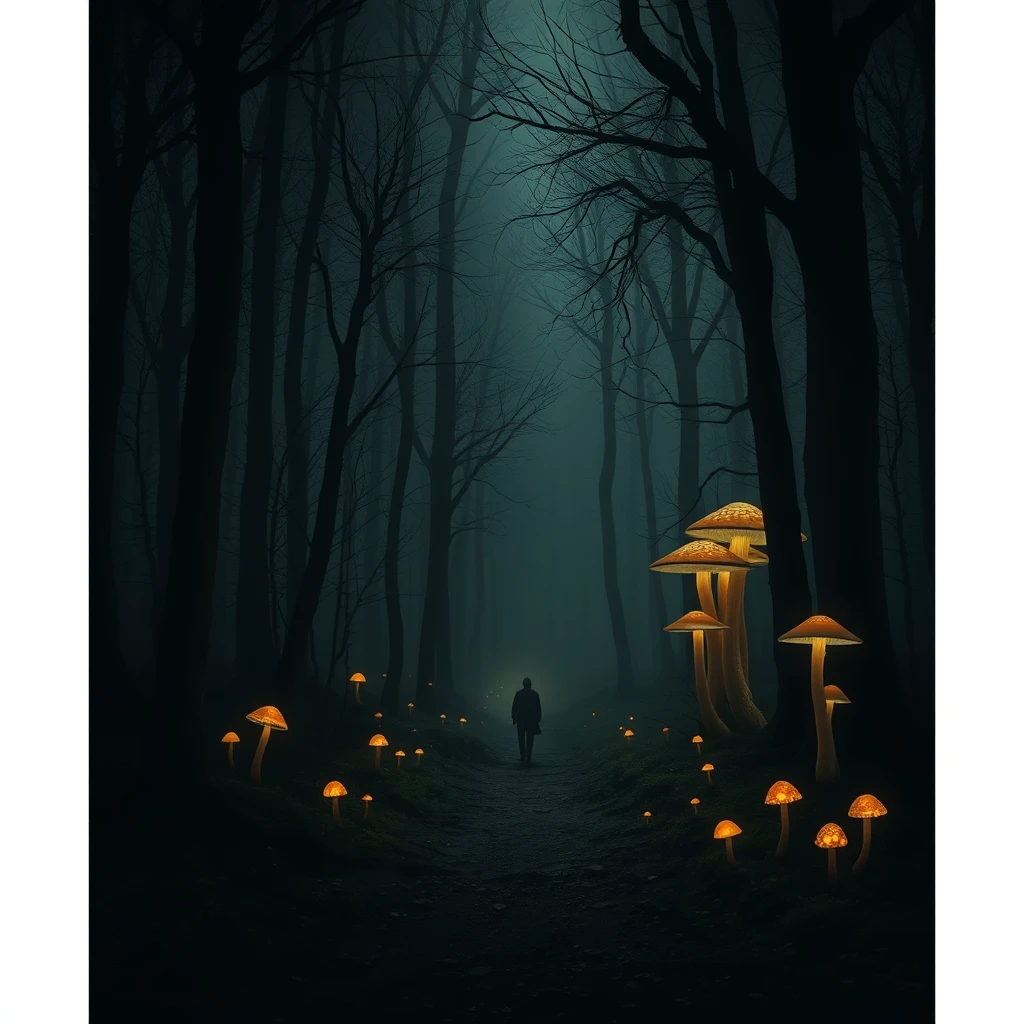 A photograph of a dark, atmospheric forest with glowing mushrooms and a lone figure traversing a path, capturing the mood of *Hollow Knight*