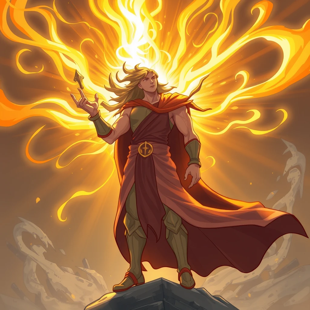 Stylized artwork depicting a hero character dramatically illuminated by swirling golden light, suggesting the acquisition of a powerful blessing