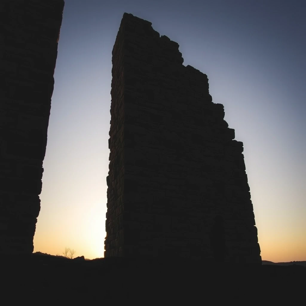 A lone figure silhouetted against a massive, ancient stone wall, reaching upwards