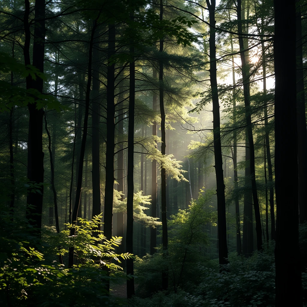 A photograph of a dense forest with subtle, guiding light filtering through the trees, demonstrating dynamic tutorials and adaptive learning