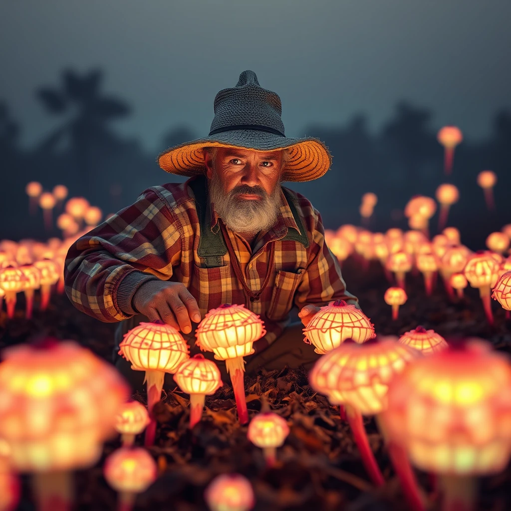 A farmer tending to bizarre, glowing plants with a look of serene concentration