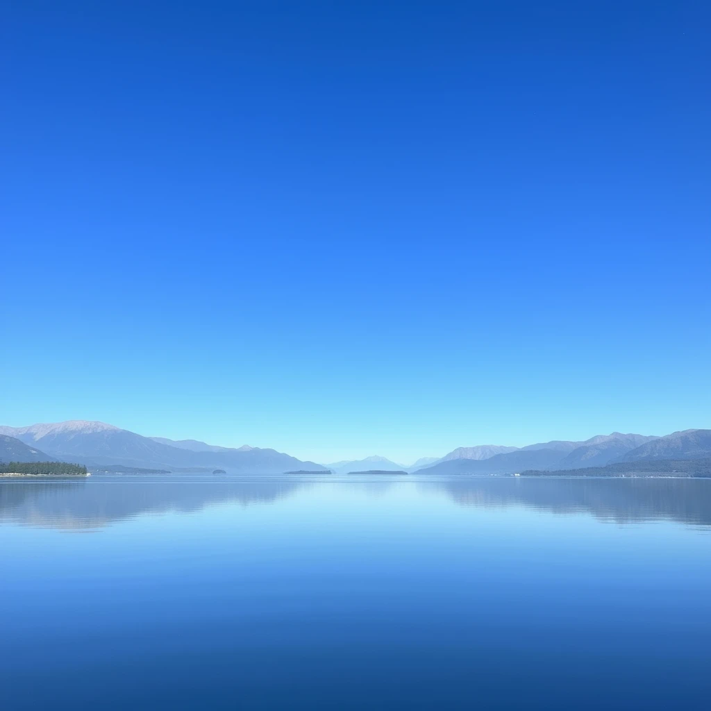 A photograph of a serene lake reflecting a clear blue sky and distant mountains