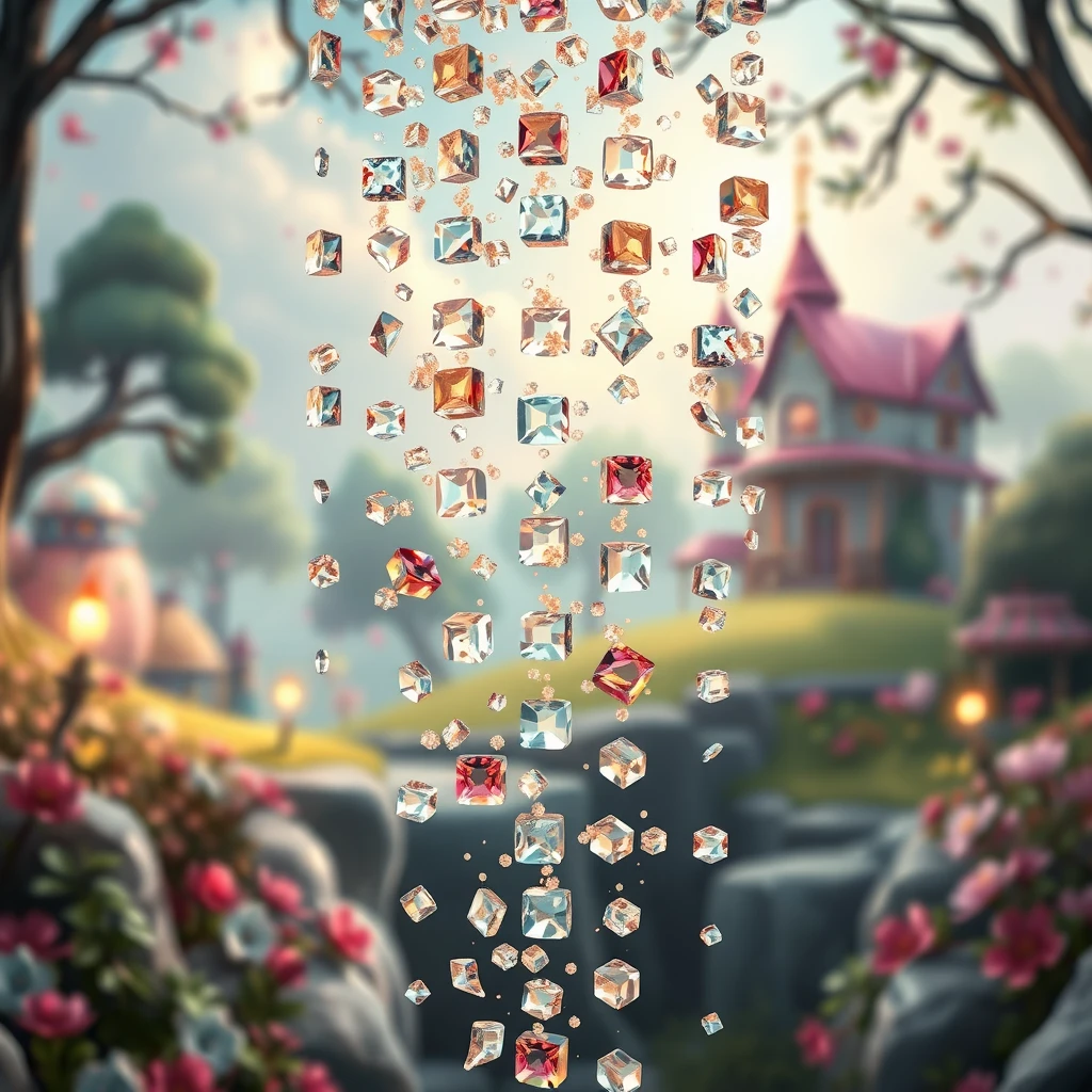 A cascade of shimmering, gem-like tiles falling down the screen against a whimsical, fairytale background