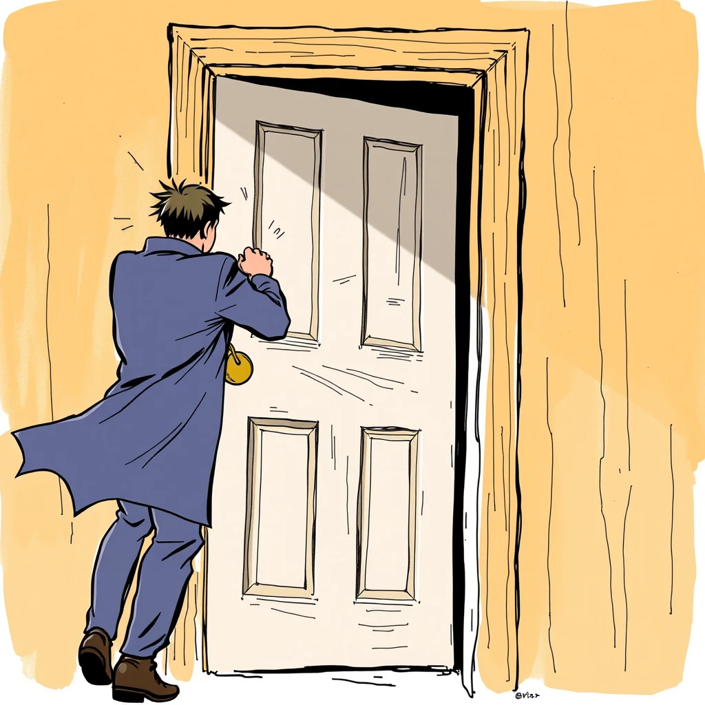 A character dramatically slamming a door closed