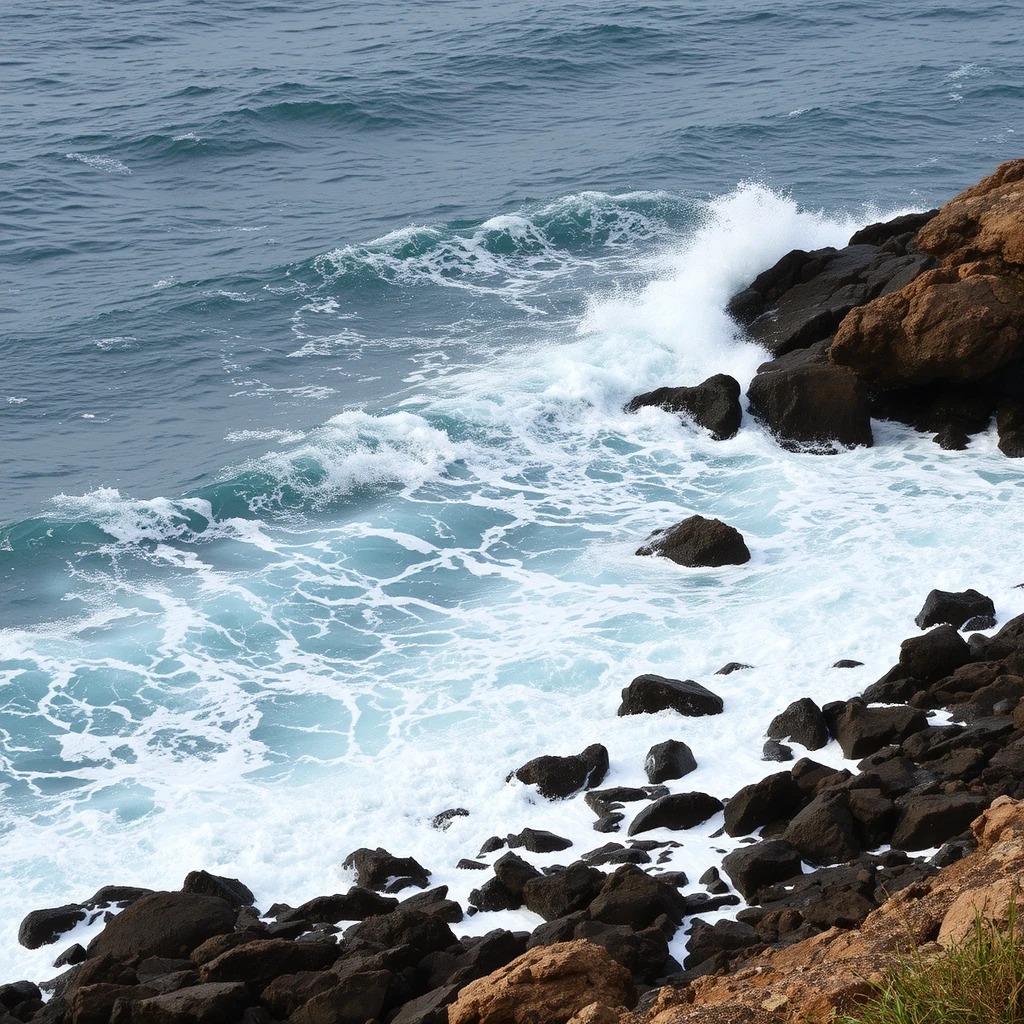 Photograph of a rocky coastline with crashing waves, demonstrating the power and dynamism of the ocean