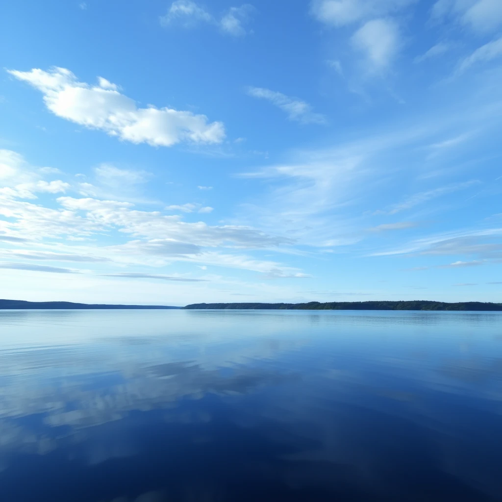 Photograph of a calm lake reflecting the sky, representing the illusion of depth and consequence where the surface is not what it seems