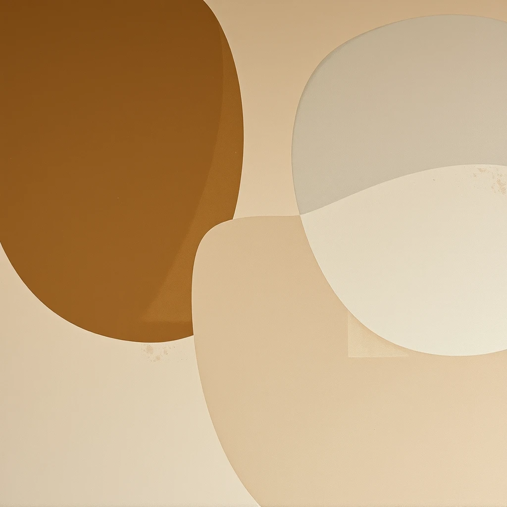 A photograph of a minimalist painting featuring overlapping geometric shapes in muted earth tones