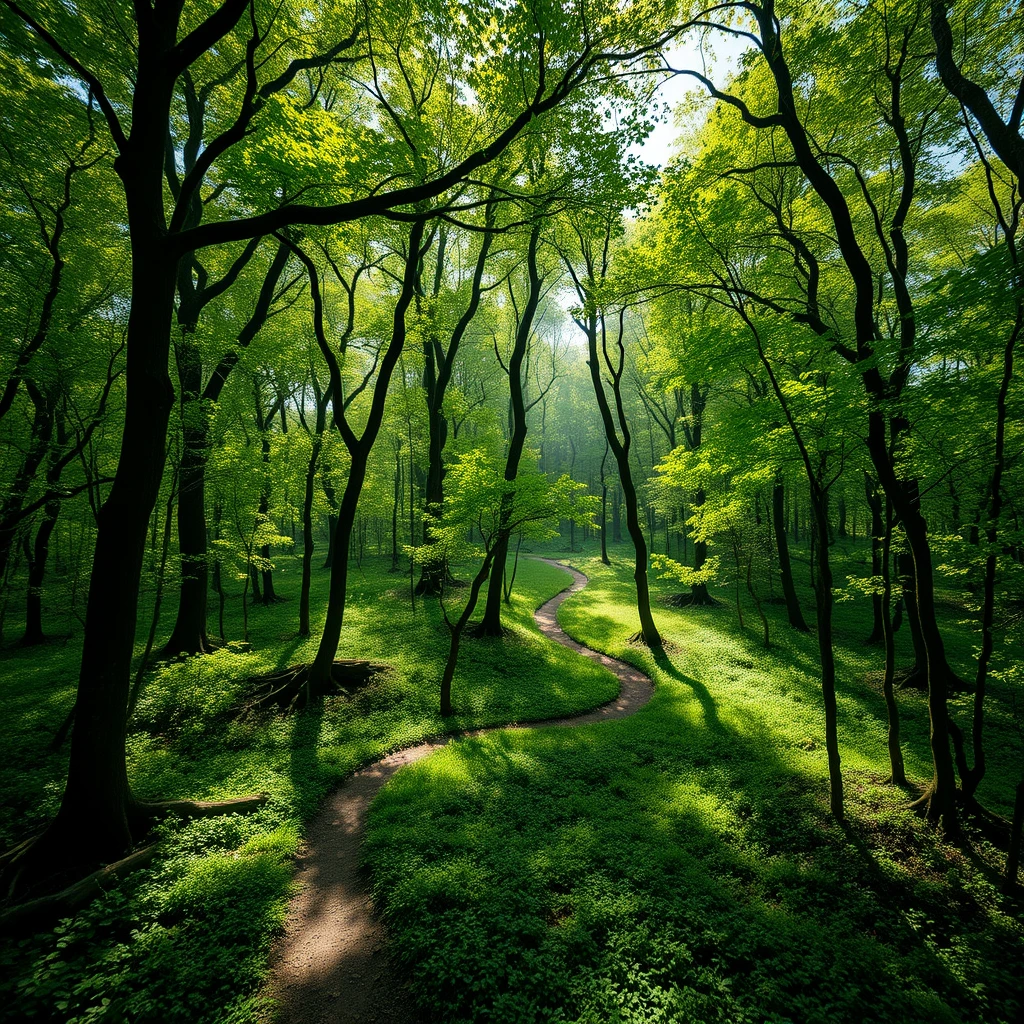 Photograph of a lush, procedurally generated forest with winding paths and dappled sunlight filtering through the trees