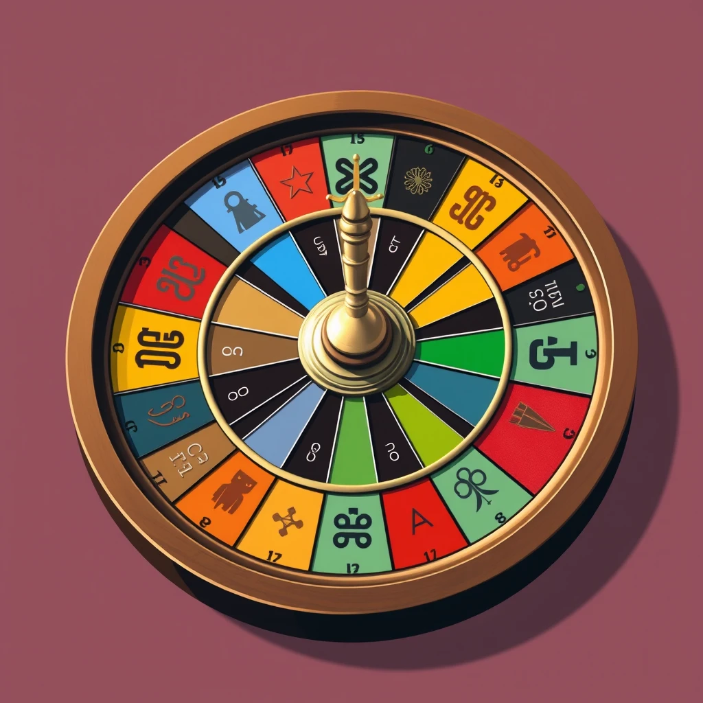 An artistically rendered roulette wheel with symbols representing different blessing types, highlighting the element of chance