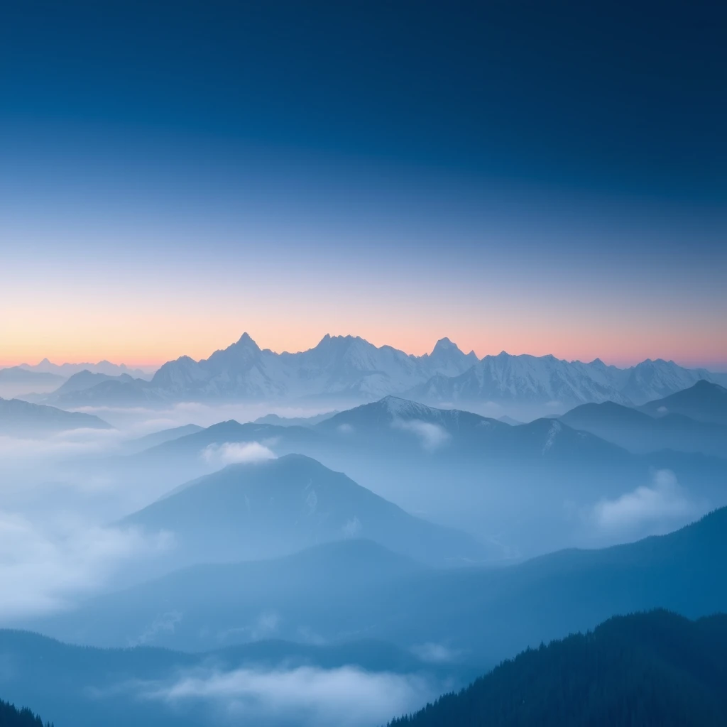 A photograph of a vast, misty mountain range at dawn, showcasing the grandeur of nature