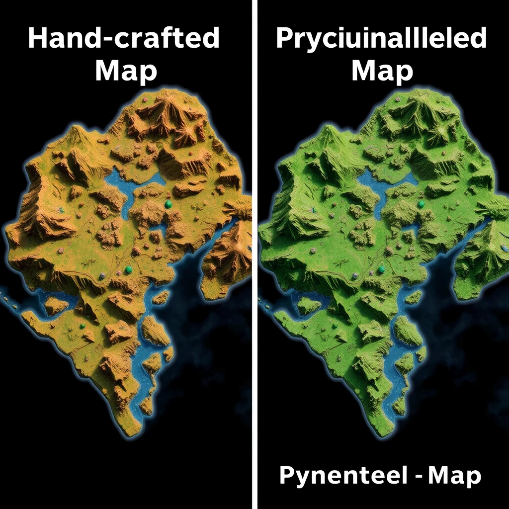 A side-by-side comparison of a hand-crafted map and a procedurally generated map, highlighting the level of detail and variation