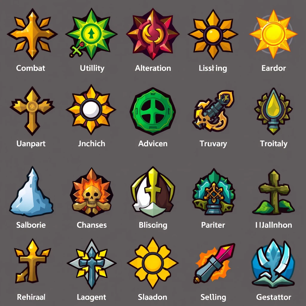 A collection of diverse, colorful icons representing different blessing categories like combat, utility, and exploration