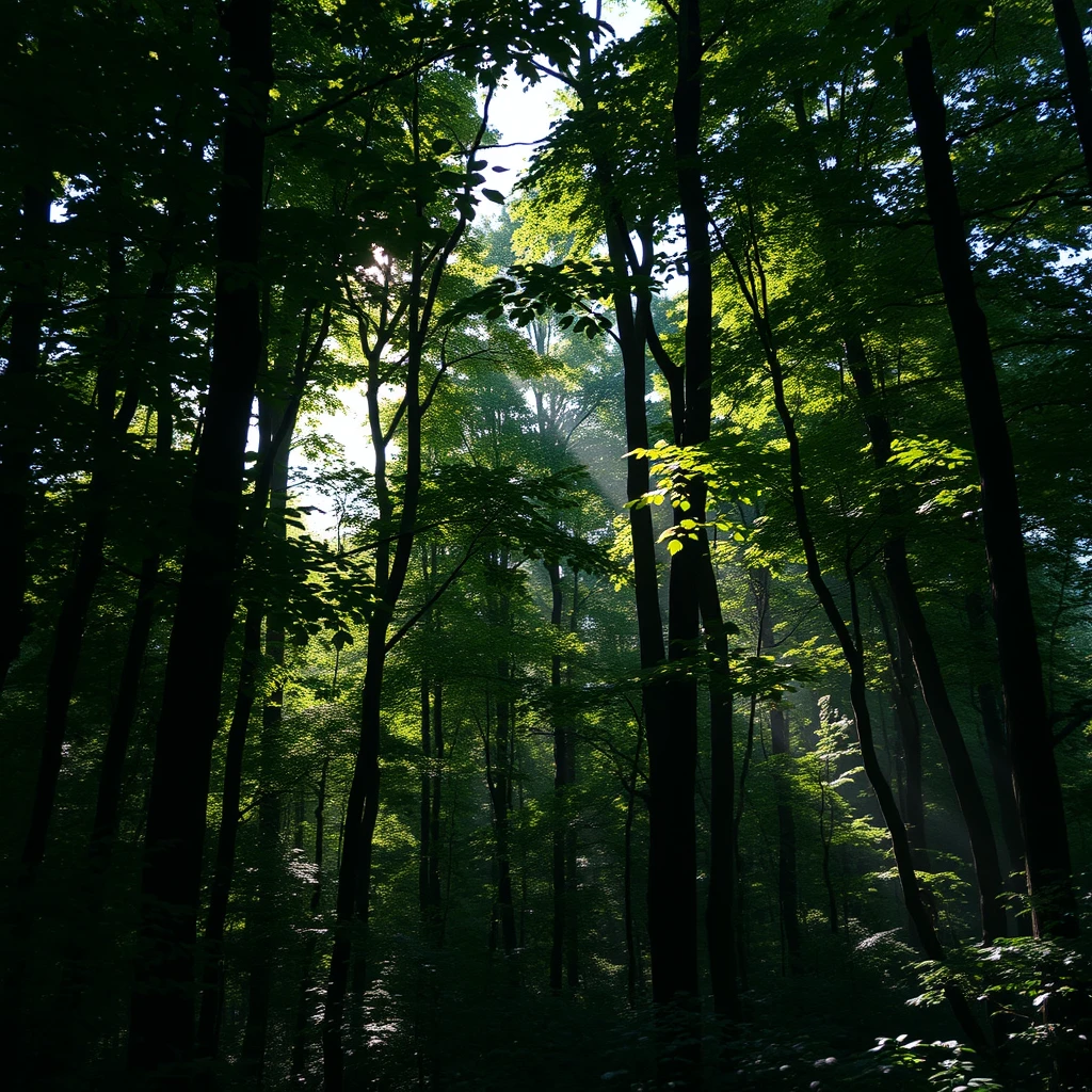 A photograph of a dense forest with dappled sunlight filtering through the leaves, creating a sense of mystery and exploration