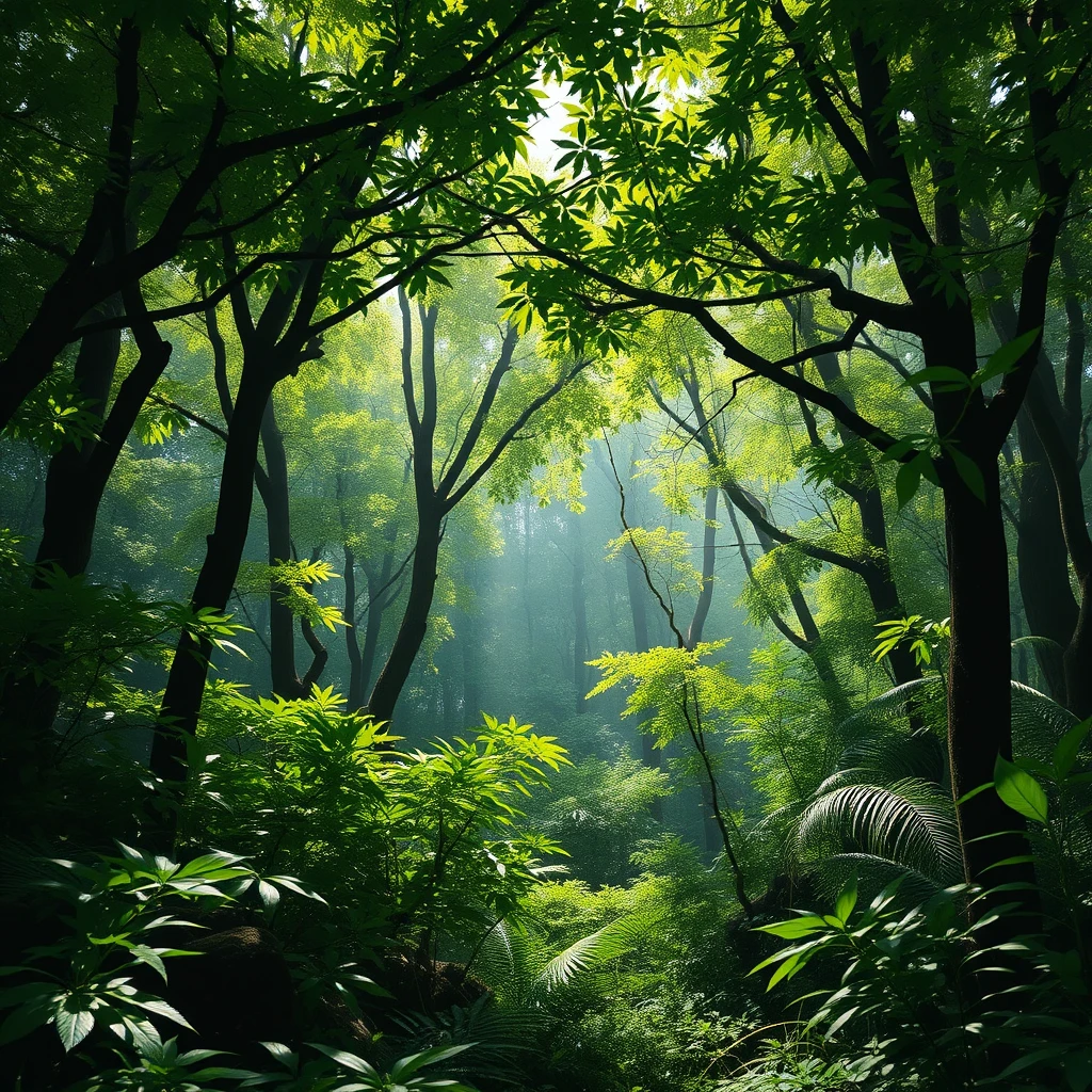 Photograph of a lush, green forest with sunlight filtering through the leaves, representing the diverse environments where games are played