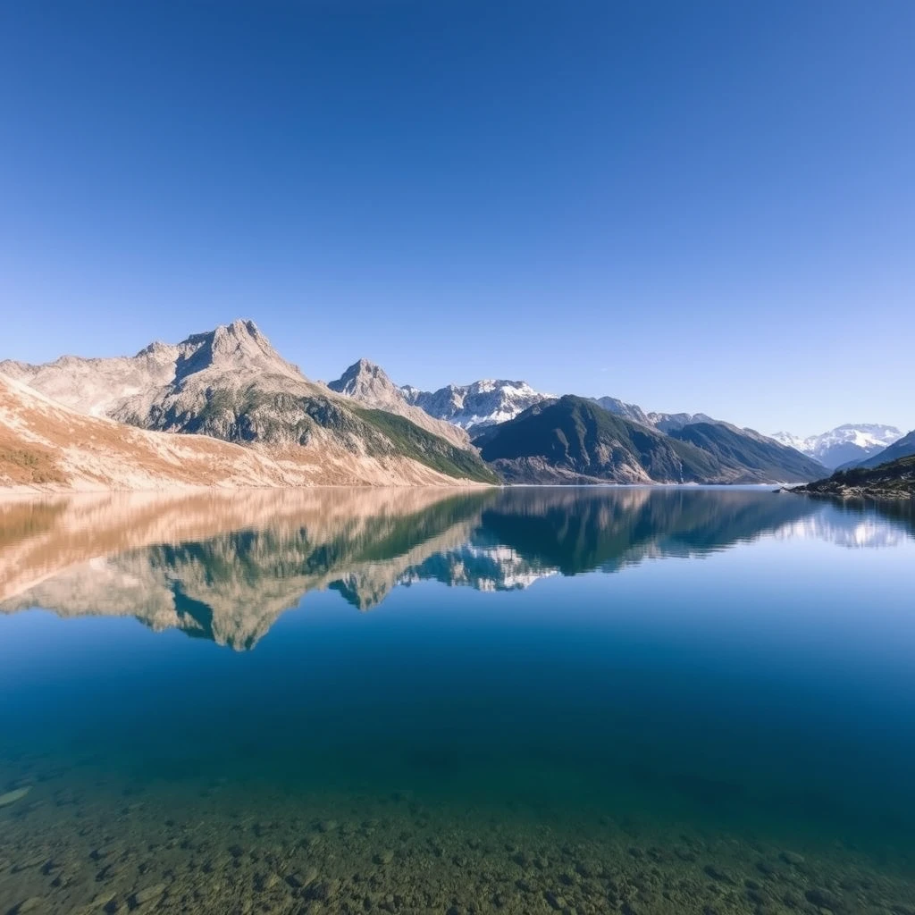 A serene mountain lake reflecting the surrounding peaks under a clear blue sky
