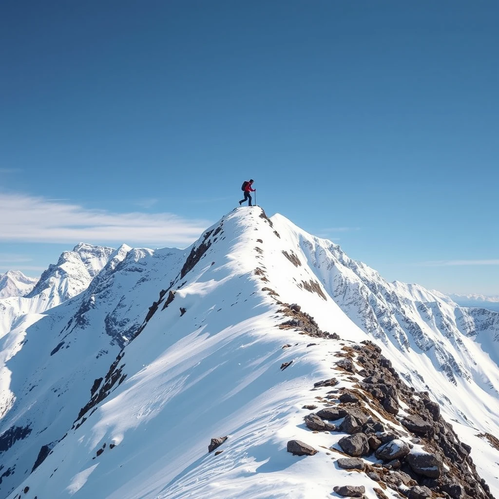 A photograph of a lone hiker reaching the summit of a snow-capped mountain, illustrating the sense of accomplishment players feel after completing a challenging task