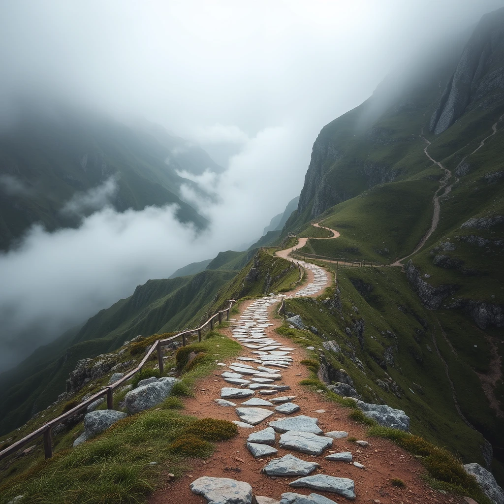 A photograph of a winding mountain path disappearing into a misty valley, symbolizing the multiple paths to success a game should offer