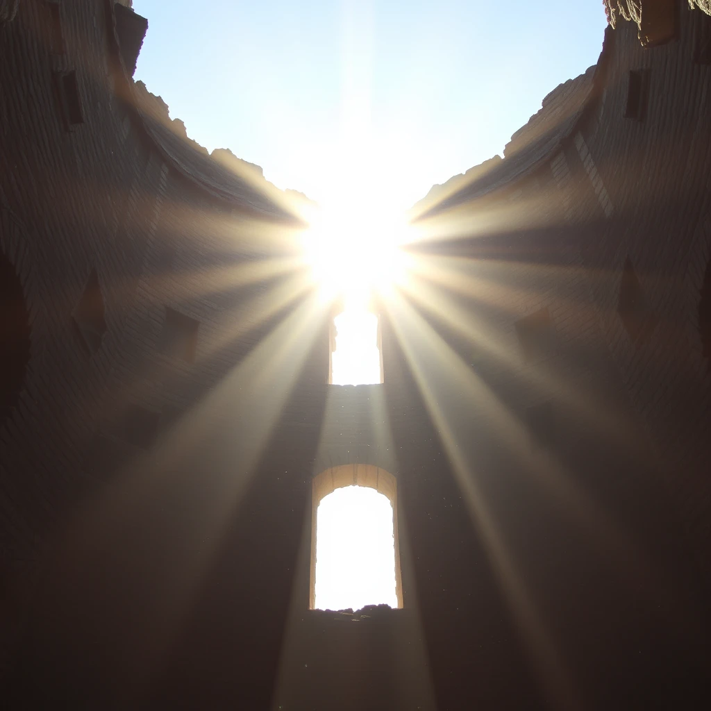 Sunlight streaming through gaps in a ruined tower, illuminating dust motes dancing in the air