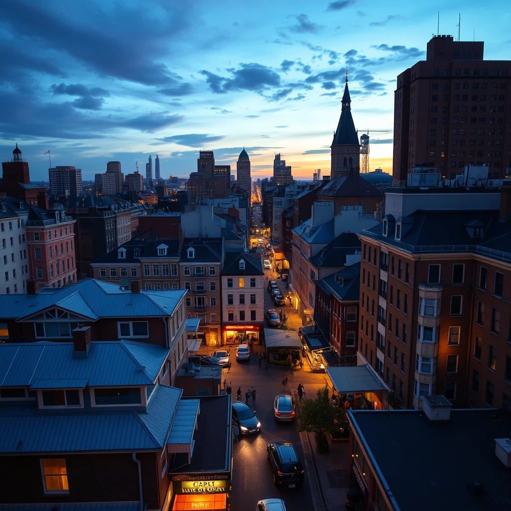 A bustling cityscape at dusk, with a variety of architectural styles suggesting diverse social classes