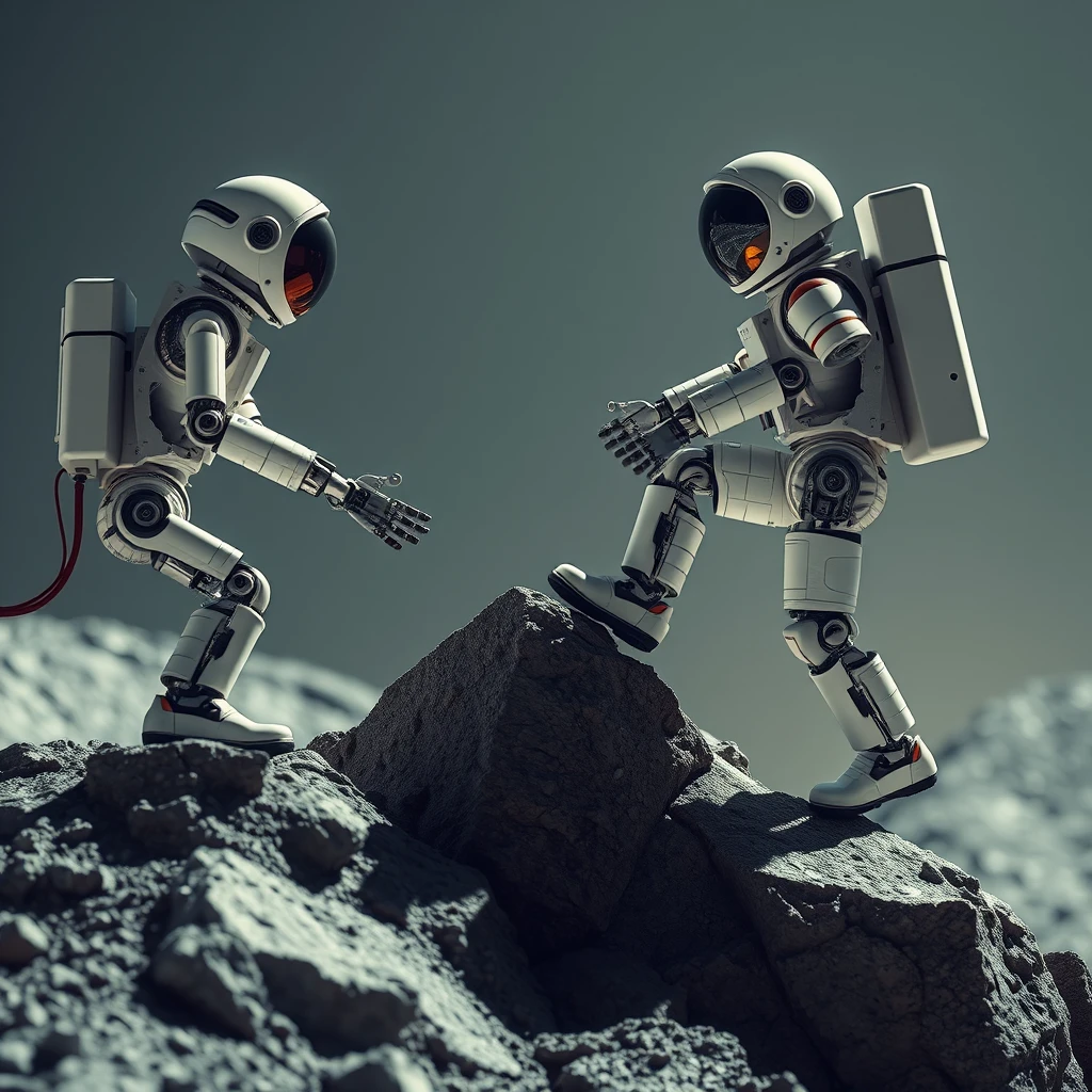 A robot companion extends a helping hand to an astronaut struggling to climb over a rocky lunar outcrop