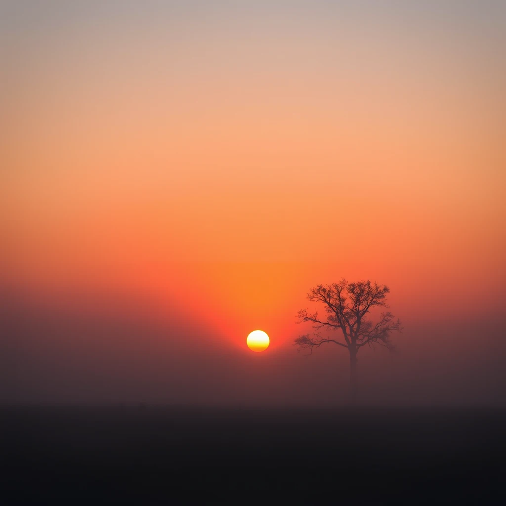 A photograph of a minimalist landscape featuring a lone tree silhouetted against a vibrant orange sunset with a light fog rolling in