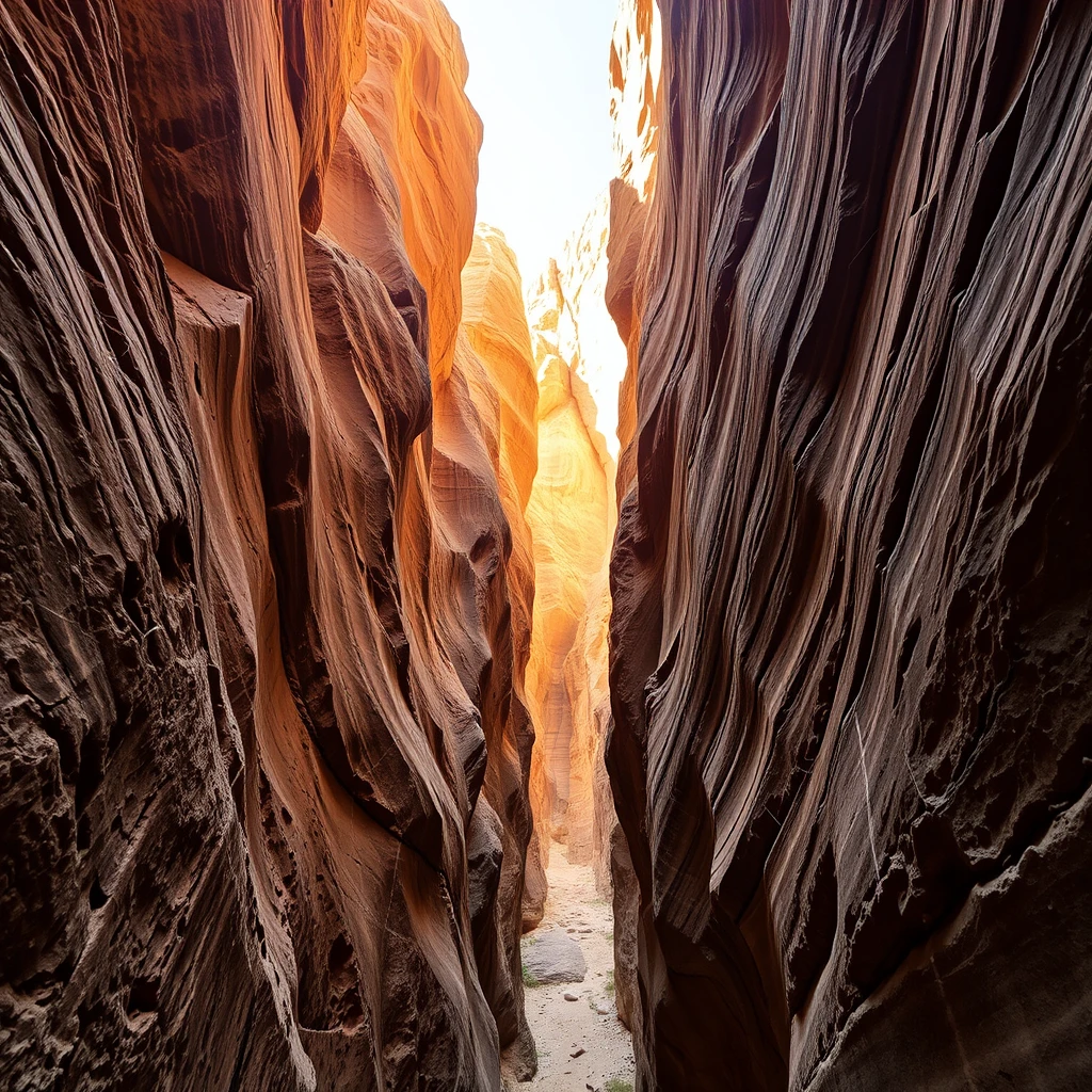 A narrow, winding canyon with towering rock walls, conveying a sense of claustrophobia and tension