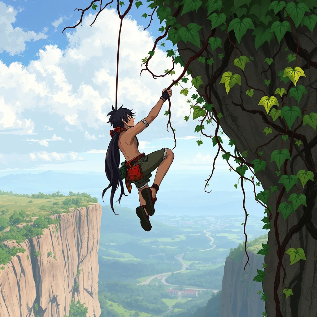 A character clinging precariously to a vine-covered cliff face with a distant vista visible below
