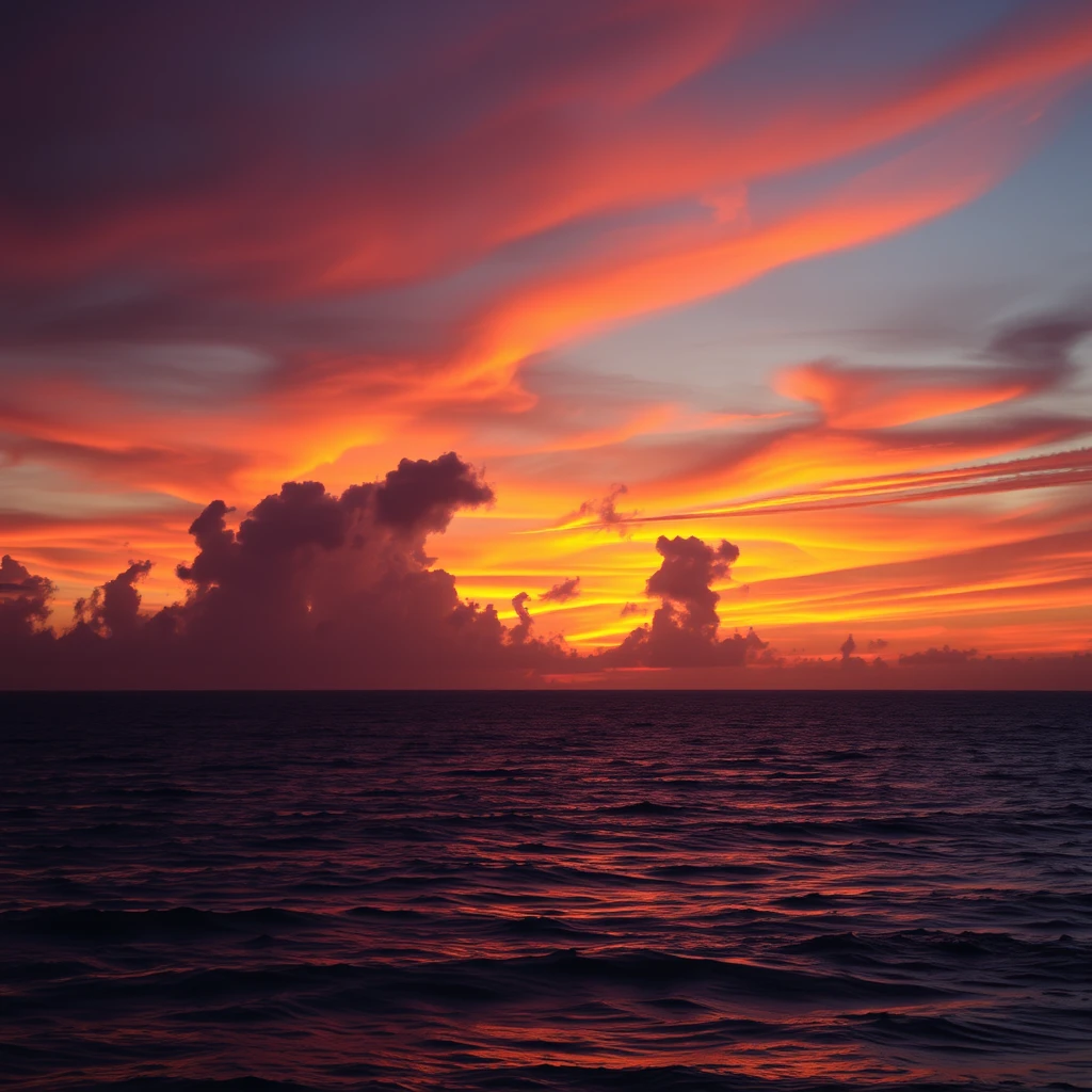 A photograph of a vibrant sunset over the ocean, with colorful clouds reflecting on the water