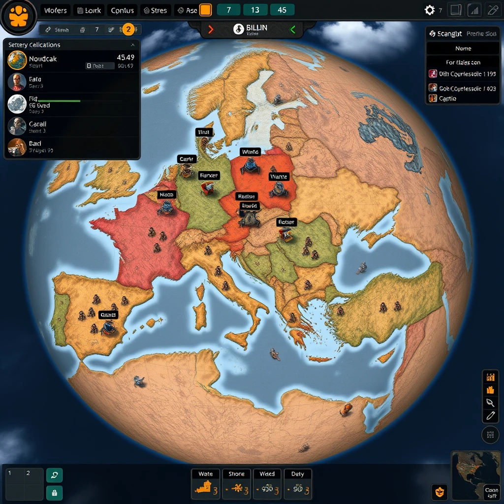 A screenshot of an indie grand strategy game showcasing a complex user interface with resource management and military units on a world map