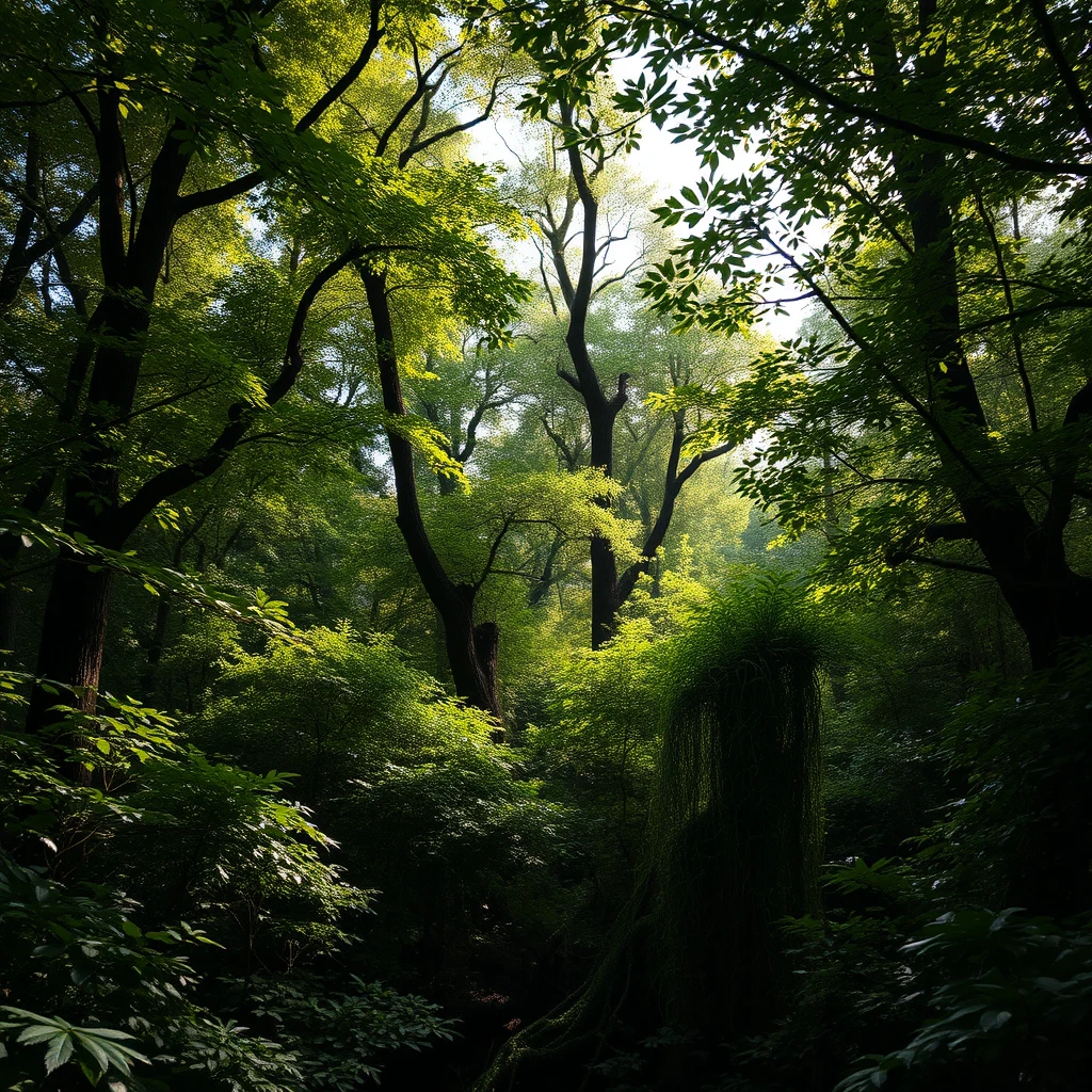 A photograph of a dense, overgrown forest with dappled sunlight filtering through the leaves, suggesting nature reclaiming a lost civilization