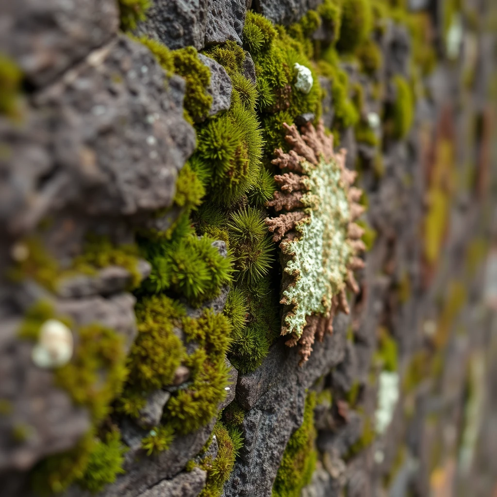 Photograph of a close-up of moss and lichen growing on a rock face, showcasing intricate textures