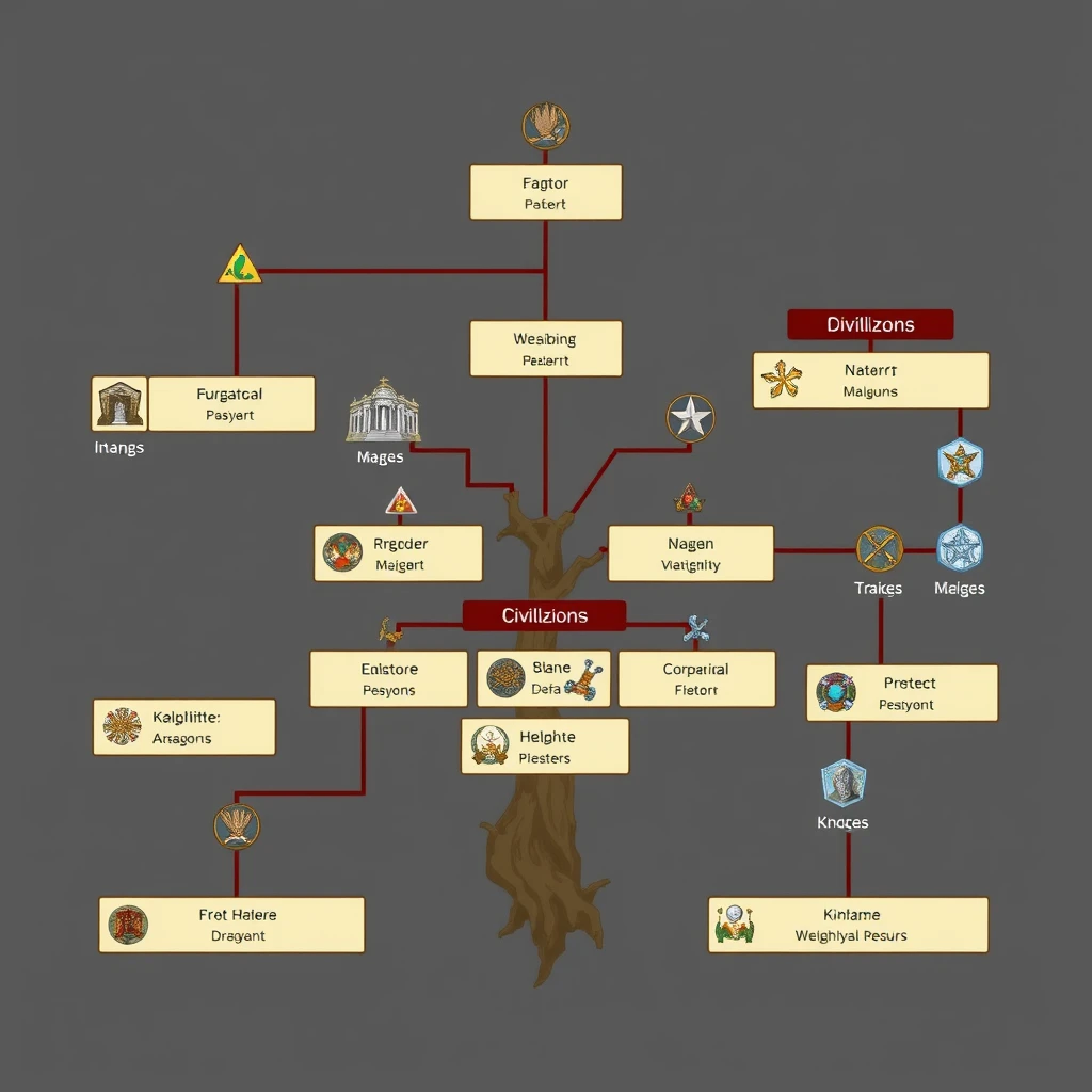 A stylized representation of a civilization tree, branching out to show technological advancements and unit unlocks