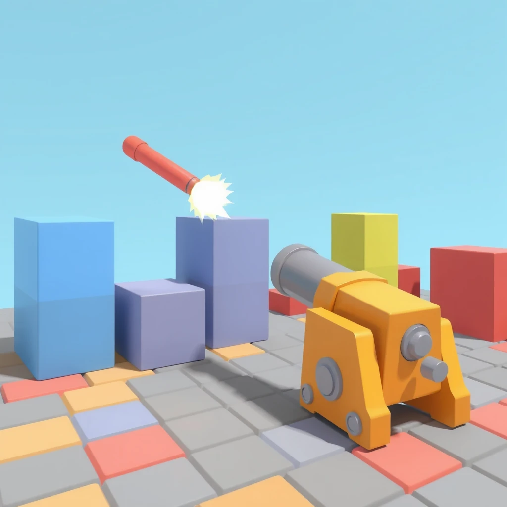 A stylized cannon launches a projectile towards blocky structures in a colorful environment.