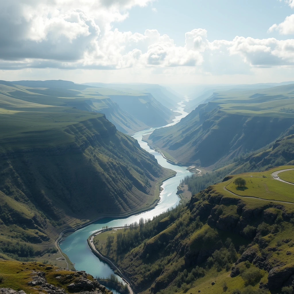A photograph of a winding river cutting through a valley, representing the player