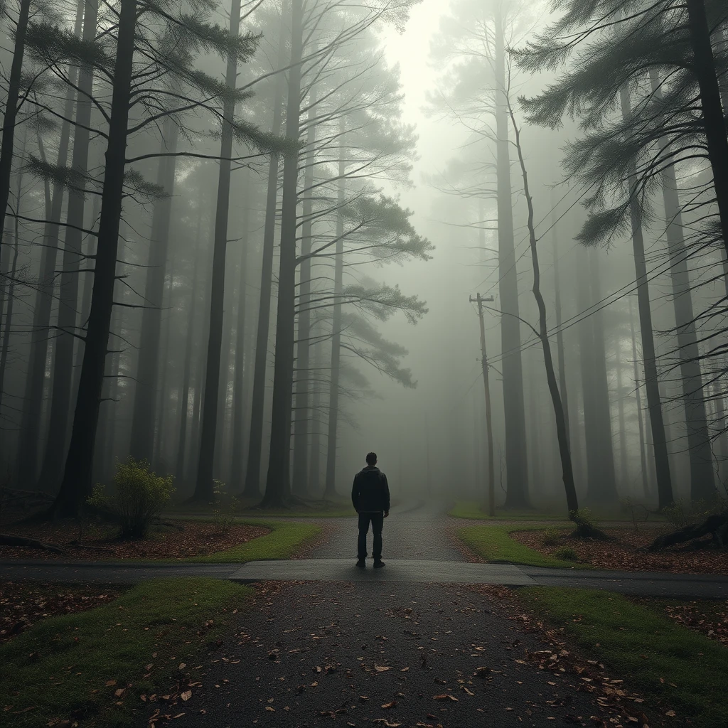 A lone figure stands at a crossroads in a misty forest, symbolizing a pivotal decision point