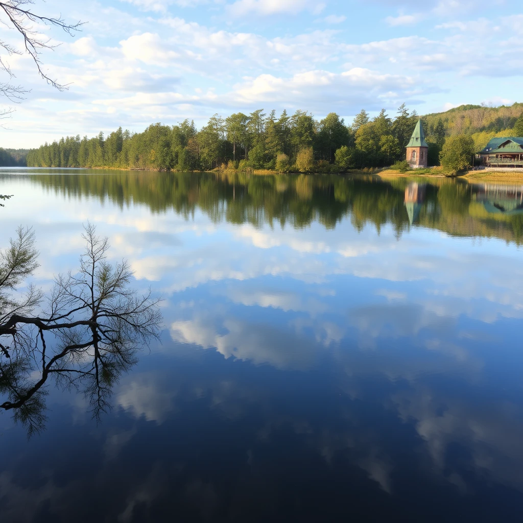 A photograph of a serene lake reflecting the surrounding trees and sky, emphasizing balance and harmony