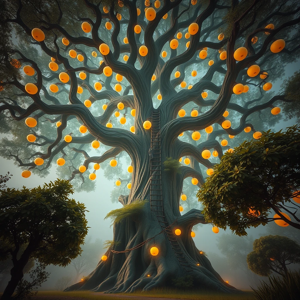 A wide shot of a fantastical, towering tree with numerous climbable branches and glowing fruit. [END]