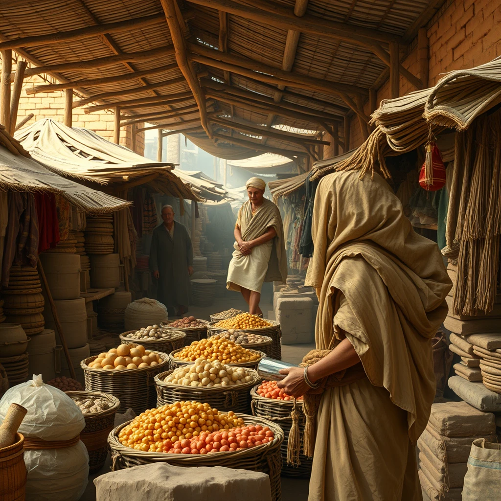 A character clad in simple, woven clothing bartering goods at a bustling marketplace filled with mud-brick stalls