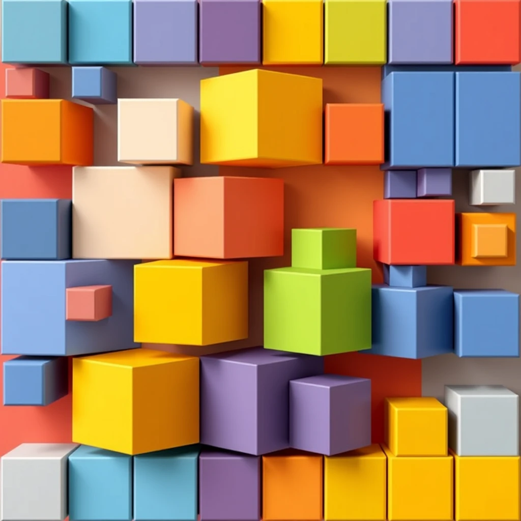 A collection of differently colored squares arranged to suggest various modular building designs