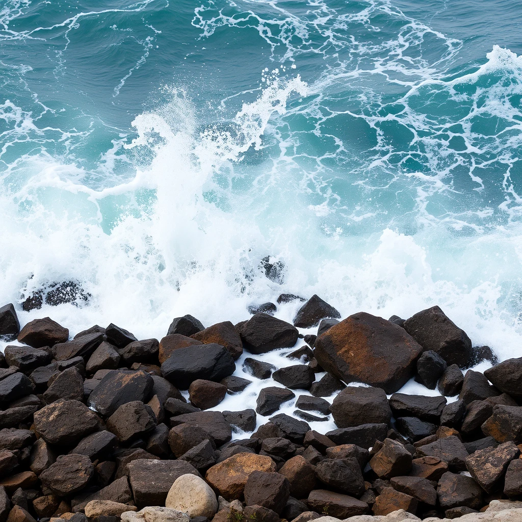 A photograph of a rocky shoreline with crashing waves, showcasing the power and unpredictability of nature