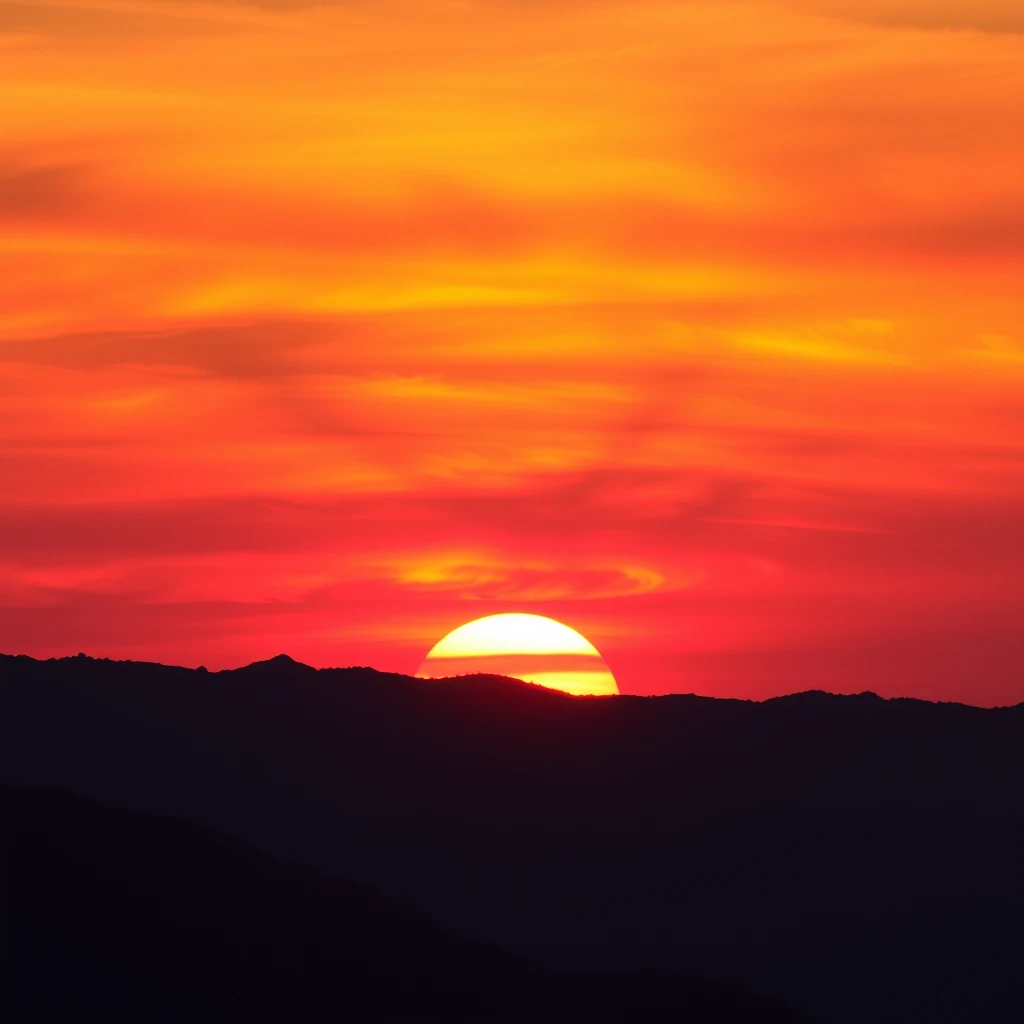 Photograph of a fiery sunset over a mountain range, with vibrant oranges and reds painting the sky