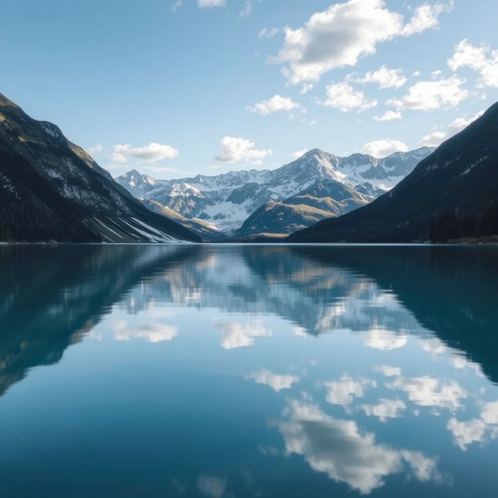 A photograph of a serene lake reflecting the surrounding mountains, representing the need for balance between difficulty and reward in game progression.
