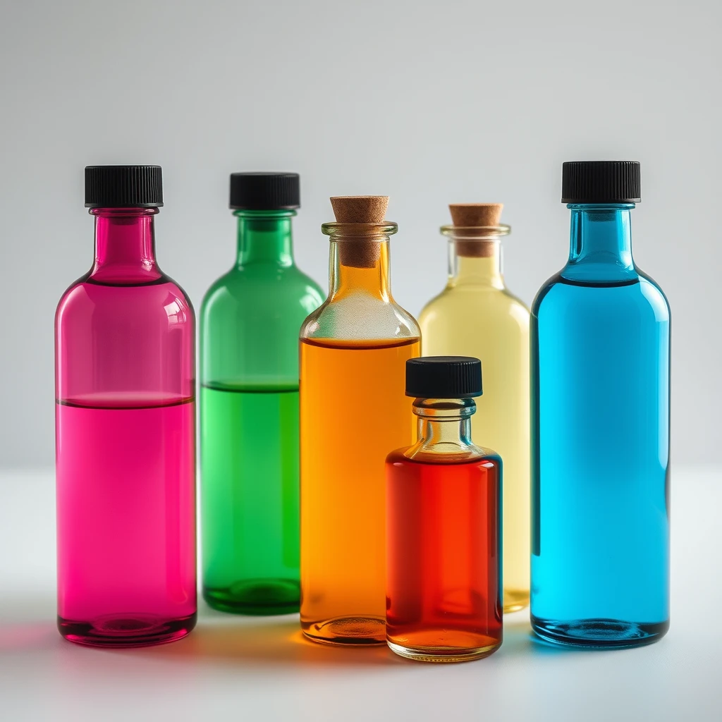 A collection of differently colored potion bottles, representing a limited but harmonious color palette